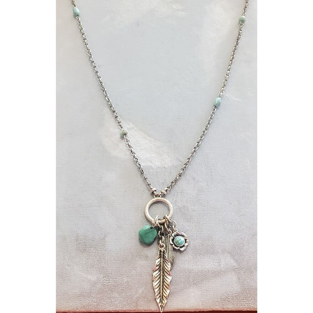 Vintage Boho Statement Necklace Leaf Faux Turquoise Bohemian Silver Tone 30” - Picture 5 of 8